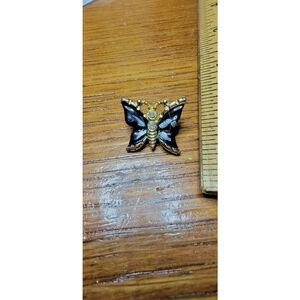 Vintage Enamel Butterfly Moth Pin Brooch Black Gold Tone